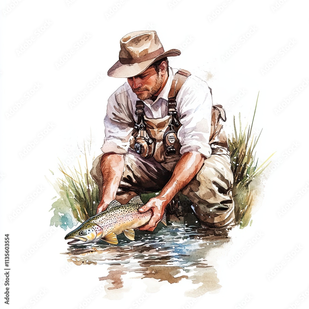 Naklejka premium Fly Fisherman Holding Trout