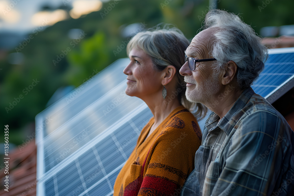 Senior Couple Admiring Their Rooftop Solar Installation, Sustainable Electricity Resource, Solar Cell Powered Clean Energy Photography Senior Couple Admiring Their Rooftop Solar Installation, Sustainable Electricity Resource, Solar Cell Powered Clean Energy Photography