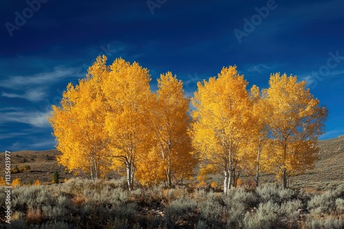 Vibrant Golden Aspen Trees Stand Against a Striking Blue Sky Amidst the Rolling Hills of Autumn Landscape, Capturing Nature's Stunning Seasonal Transition