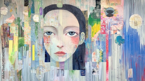 Captivating contemporary artwork featuring a stylized female portrait amidst abstract elements and vibrant colors photo