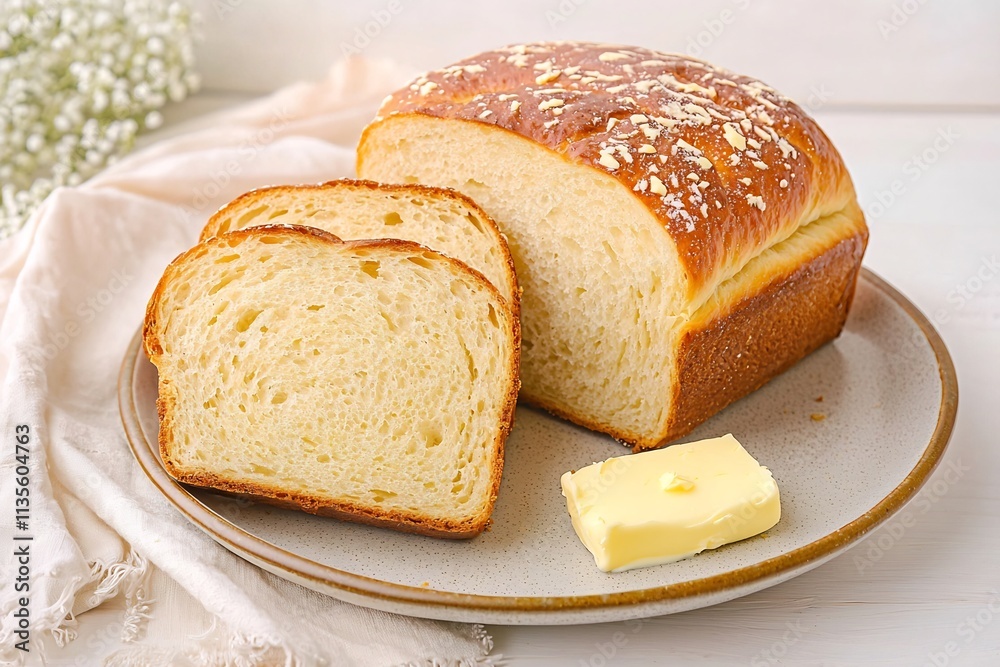 Freshly Baked Homemade Brioche Bread Slices Arranged on Ceramic Plate with Creamy Butter in Bright Minimalist Kitchen Freshly Baked Homemade Brioche Bread Slices Arranged on Ceramic Plate with Creamy Butter in Bright Minimalist Kitchen