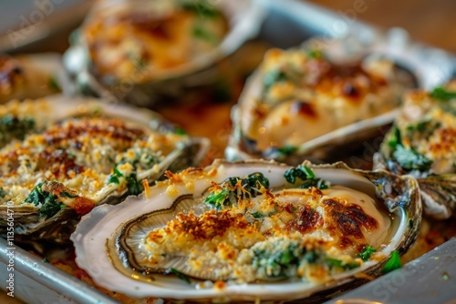 Freshly Baked Oysters with Garlic Butter and Herb Topping Served on a Baking Tray, Garnished with Fresh Greens and Crispy Breadcrumbs photo