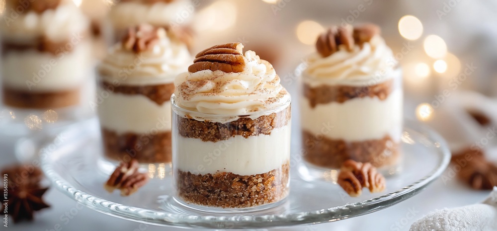 Delicious layered carrot cake dessert in glasses, topped with cream cheese frosting and pecan. Delicious layered carrot cake dessert in glasses, topped with cream cheese frosting and pecan.