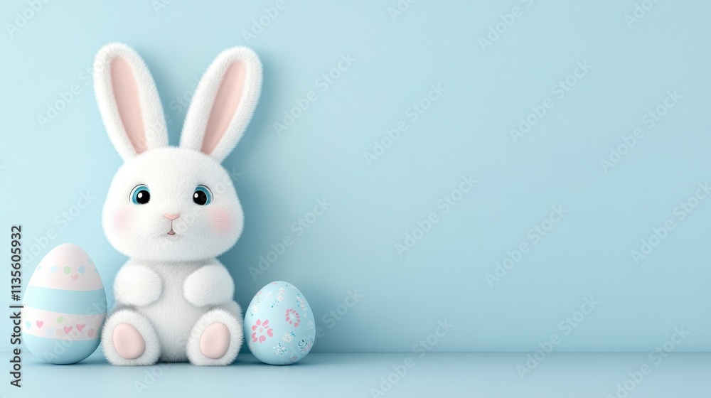 Cute White Bunny with Colorful Easter Eggs on Soft Blue Background for Festive Decorations Cute White Bunny with Colorful Easter Eggs on Soft Blue Background for Festive Decorations