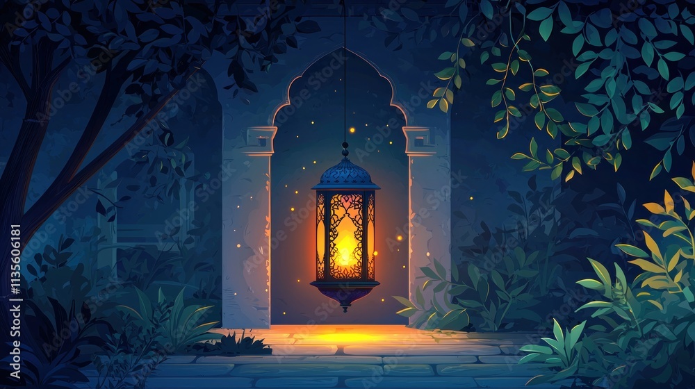 Illuminated Lantern Hanging In A Night Garden Archway Illuminated Lantern Hanging In A Night Garden Archway