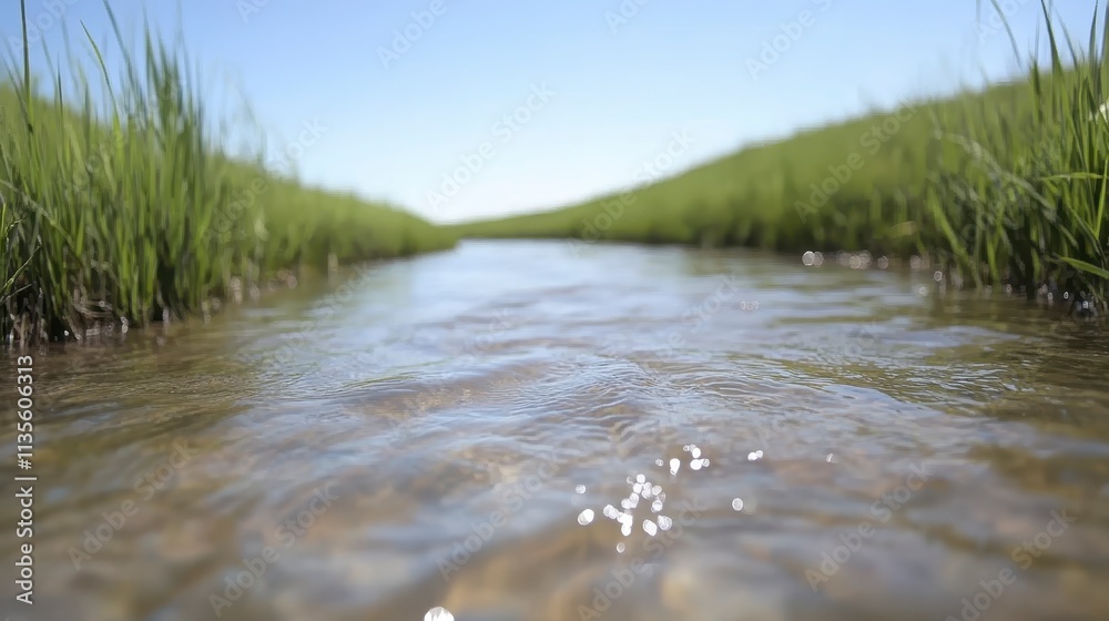 Serene Stream Grassy Banks Summer Water Nature Scene Serene Stream Grassy Banks Summer Water Nature Scene