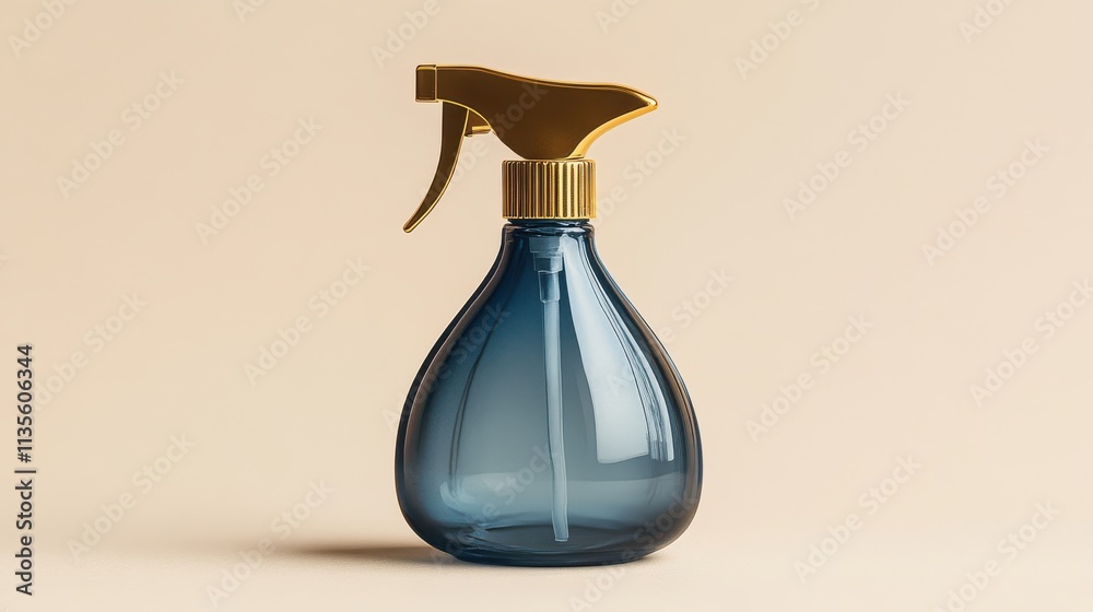 a blue spray bottle with a gold handle