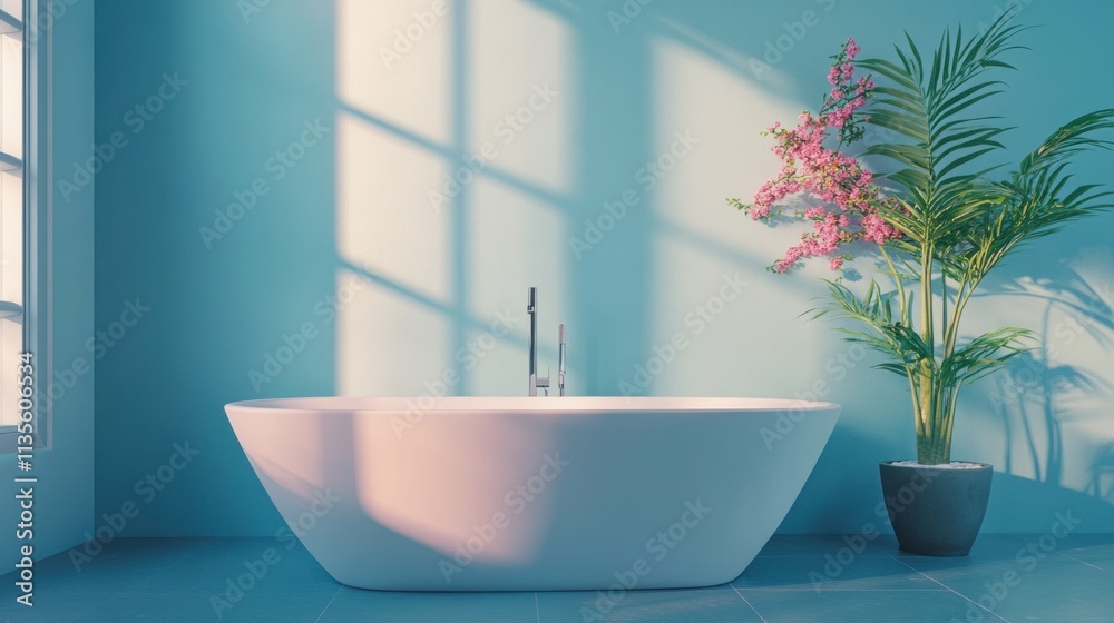 Serene Bathroom Oasis: Modern Tub, Tropical Plant, and Sunlight Serene Bathroom Oasis: Modern Tub, Tropical Plant, and Sunlight