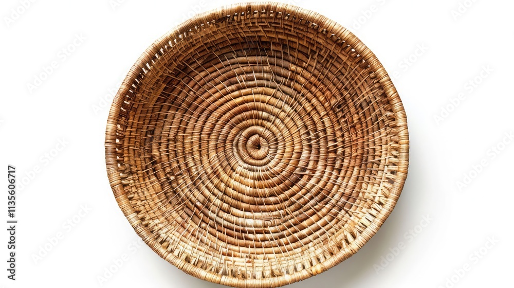 A beautiful, natural fiber basket with a warm, earthy tone, isolated on a white background, top view A beautiful, natural fiber basket with a warm, earthy tone, isolated on a white background, top view