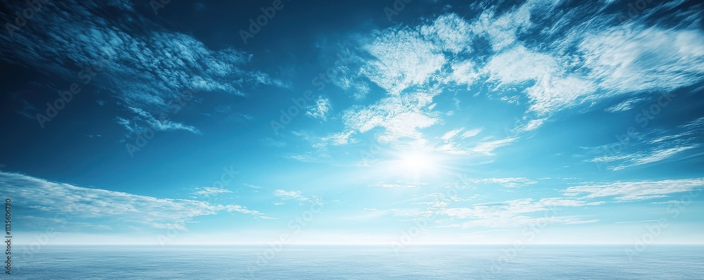 Vast Ocean Horizon Under Bright Blue Sky with Soft Clouds and Shimmering Water Reflection Vast Ocean Horizon Under Bright Blue Sky with Soft Clouds and Shimmering Water Reflection
