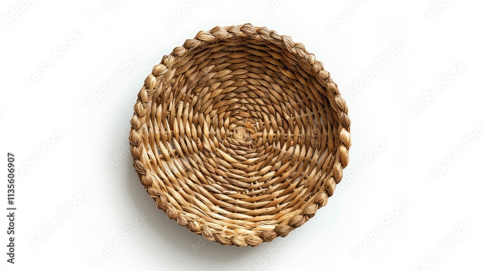 A beautiful, natural fiber basket with a warm, earthy tone, isolated on a white background, top view A beautiful, natural fiber basket with a warm, earthy tone, isolated on a white background, top view
