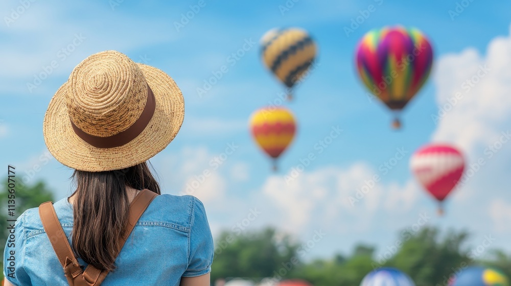 Fototapeta premium Female tourist enjoying scenic view of colorful hot air balloons flying in the sky from the rooftop of a hotel during a serene vacation, symbolizing travel, adventure, and leisure