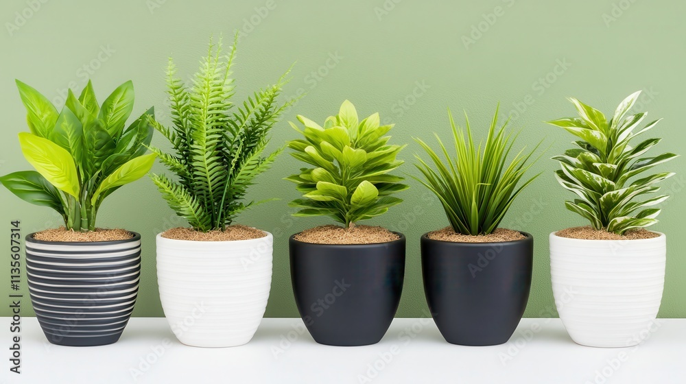 Collection of Indoor Plants in Modern Pots Against a Green Wall for Home Decor Collection of Indoor Plants in Modern Pots Against a Green Wall for Home Decor