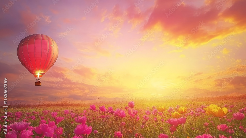Obraz premium Colorful hot air balloon floating above a vibrant flower field on a bright summer day, symbolizing freedom, adventure, nature, and scenic outdoor exploration