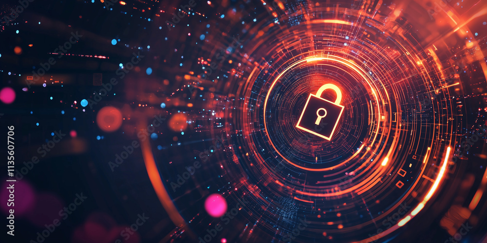 A glowing digital lock icon surrounded by vibrant circular patterns of data streams, symbolizing cybersecurity, encryption, and secure technology in a futuristic style.
