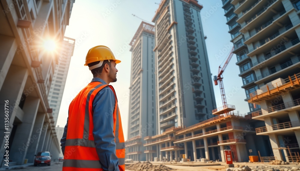 Engineer inspects construction site of new commercial complex. Safety priority for project progress. Engineer observing construction process. Focus on new buildings with crane. Manpower, equipment Engineer inspects construction site of new commercial complex. Safety priority for project progress. Engineer observing construction process. Focus on new buildings with crane. Manpower, equipment