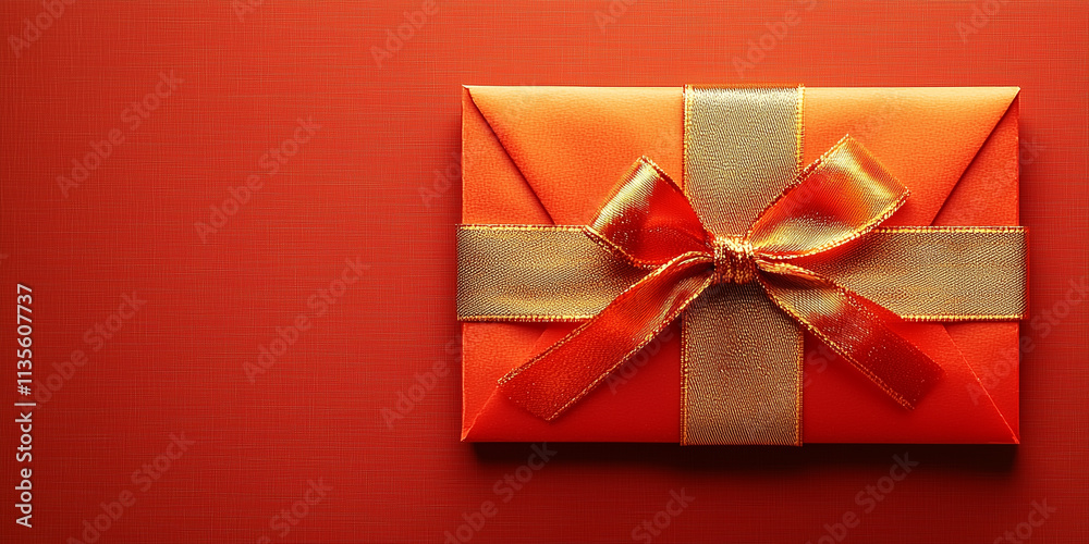 A beautifully wrapped gift box with a gold ribbon on a red background, symbolizing celebration, giving, and special occasions A beautifully wrapped gift box with a gold ribbon on a red background, symbolizing celebration, giving, and special occasions