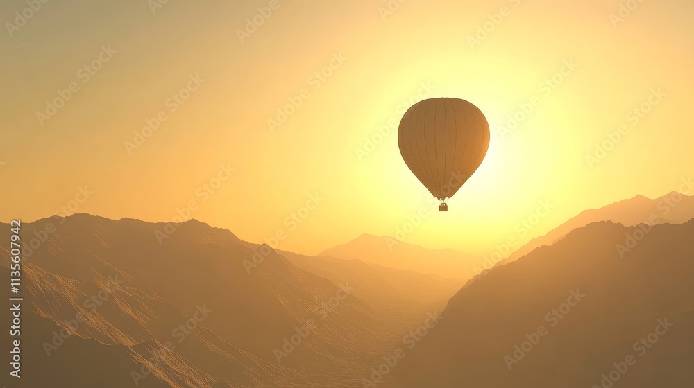 Naklejka premium A vibrant hot air balloon flying over the majestic rocky mountains in Turkey, offering stunning aerial views of the rugged terrain and natural beauty, perfect for adventure seekers and travelers