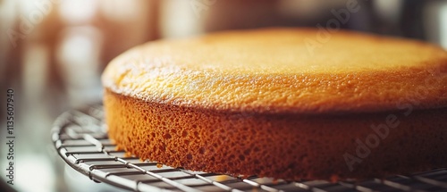 Freshly Baked Round Cake on Cooling Rack. photo