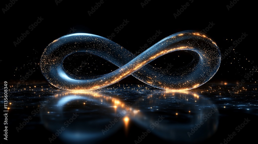 Glowing infinity symbol, abstract design, digital art,  with light reflection, particles,  on dark background.