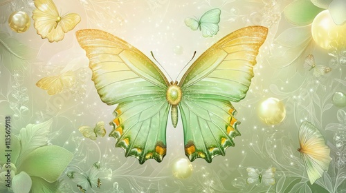 Wallpaper Mural A stunning display of butterflies in vibrant hues of lime green, golden yellow, and pale mint, gracefully scattered against a glowing background.  Torontodigital.ca