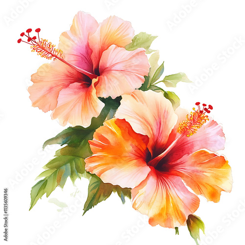 Summer watercolor chinese flowers clipart vintage hibiscus design classic floral artwork transparent background