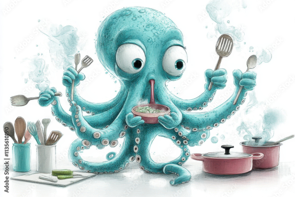 Goof, A cartoonish octopus cooks in a kitchen, humorously juggling utensils while preparing a meal, showcasing its playful and multitasking nature. Goof, A cartoonish octopus cooks in a kitchen, humorously juggling utensils while preparing a meal, showcasing its playful and multitasking nature.