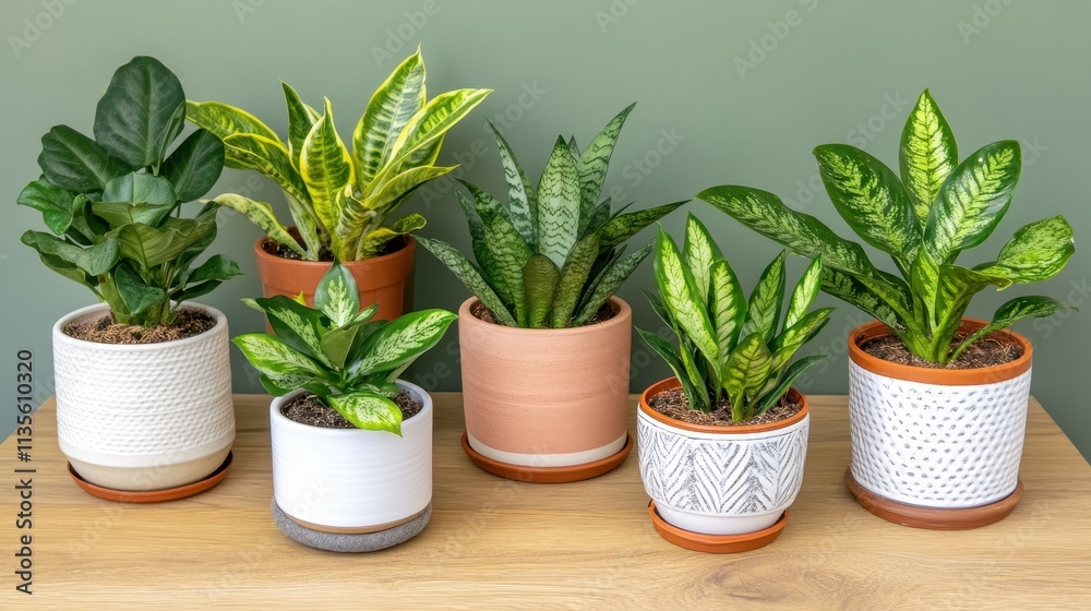 Lush Collection of Indoor Plants Displayed in Stylish Pots on a Wooden Surface Lush Collection of Indoor Plants Displayed in Stylish Pots on a Wooden Surface