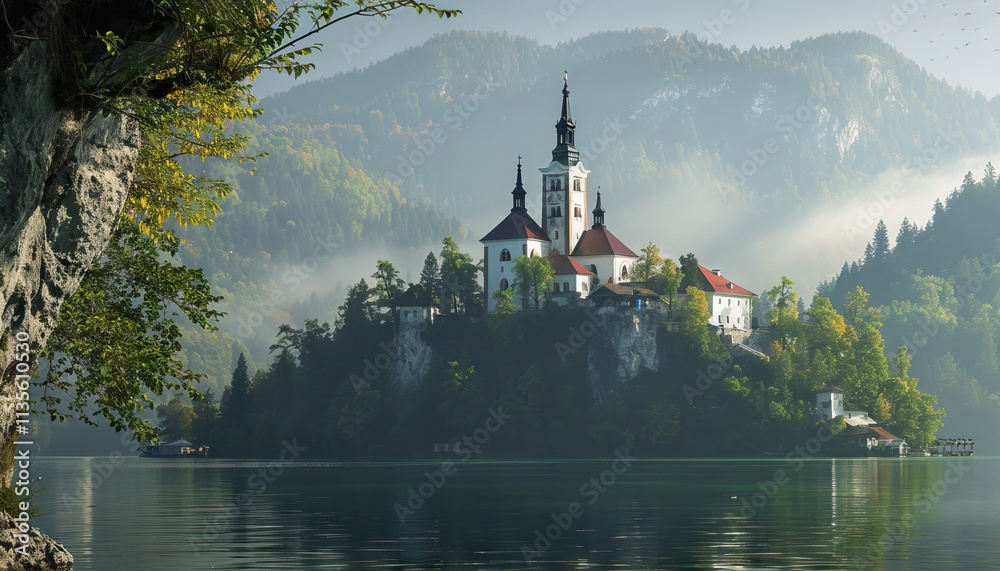 Fototapeta premium Church on Island in Lake with Misty Mountain Background