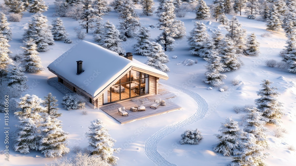 Aerial View of a Cozy Snow Covered Cabin Nestled in a Winter Wonderland Forest Aerial View of a Cozy Snow Covered Cabin Nestled in a Winter Wonderland Forest