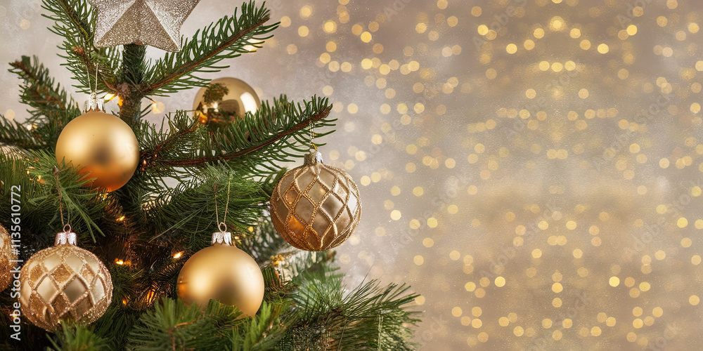 Fototapeta premium Sparkling Gold Christmas Tree Ornaments Festive Holiday Background