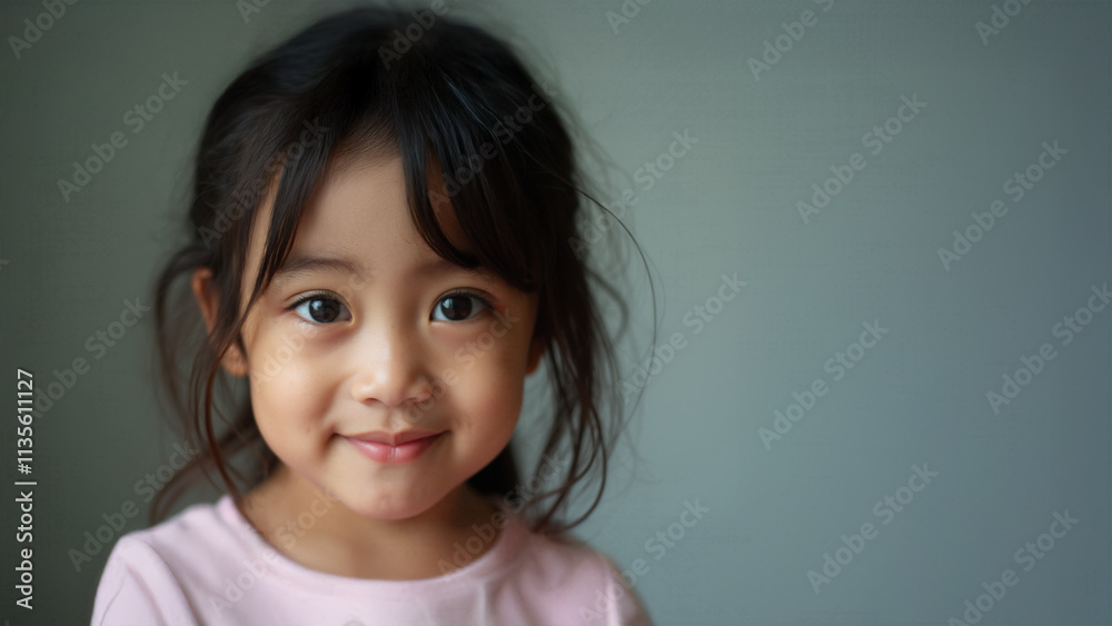 A happy and smiling young Asian American girl wearing a pink shirt and looking directly at the camera with a cute, cheeky expression. Copy space. A happy and smiling young Asian American girl wearing a pink shirt and looking directly at the camera with a cute, cheeky expression. Copy space.