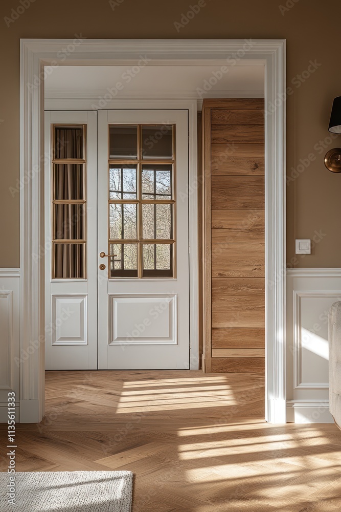 Fototapeta premium Sunlit hallway with white door, wood wall, and herringbone floor.