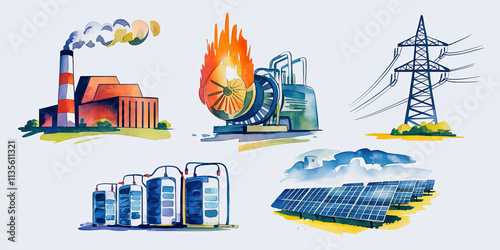 Power Generation Energy Sources Renewable Non Renewable Industrial Solar Wind Factory Electricity photo