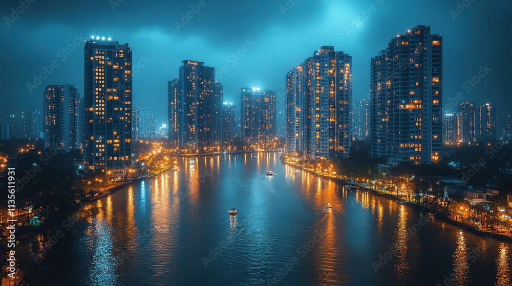 Obraz premium a city with lights and a reflection of a body of water