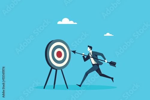 Business Bullseye, Businessman Strategically Aiming the Arrow to Achieve Targeted Goals