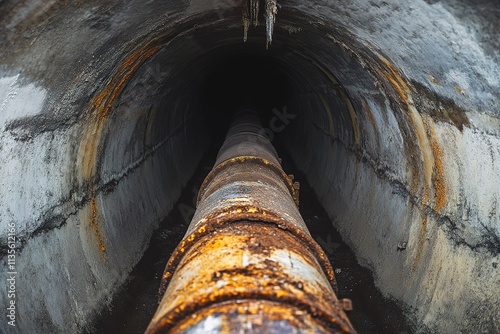 Rusty pipe in a dark concrete tunnel