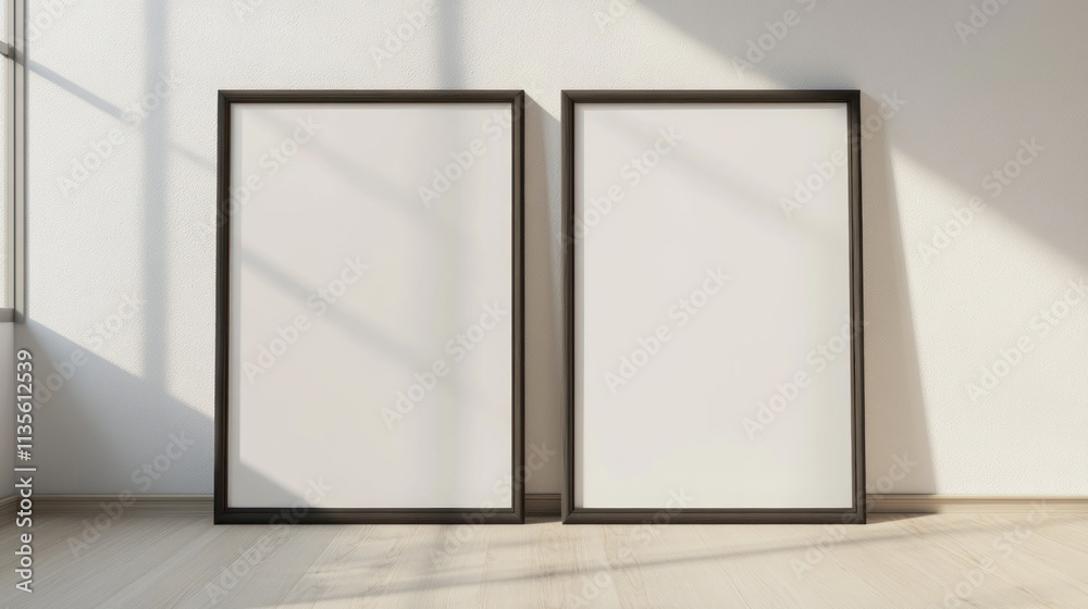 Empty Gallery Frames Mockup: Sunlight on Minimalist Interior Empty Gallery Frames Mockup: Sunlight on Minimalist Interior