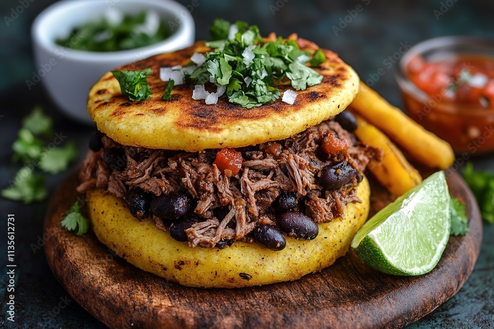 Arepa sandwich with shredded beef black beans and cilantro Arepa sandwich with shredded beef black beans and cilantro