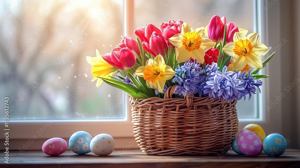 Springtime Easter Basket with Tulips, Daffodils, and Hyacinths near Window Springtime Easter Basket with Tulips, Daffodils, and Hyacinths near Window