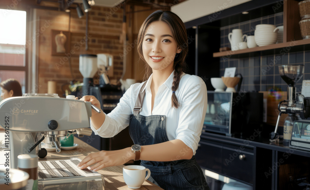 barista preparing coffee in cozy cafe setting, showcasing warm atmosphere and friendly service. barista wears white shirt and denim apron, smiling at camera barista preparing coffee in cozy cafe setting, showcasing warm atmosphere and friendly service. barista wears white shirt and denim apron, smiling at camera