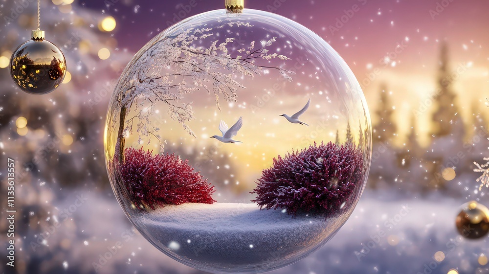 A suspended glass sphere ornament encapsulating a serene winter scene. The inner landscape has a snowy layer with deep crimson frosted bushes, two graceful birds mid-flight. A suspended glass sphere ornament encapsulating a serene winter scene. The inner landscape has a snowy layer with deep crimson frosted bushes, two graceful birds mid-flight.