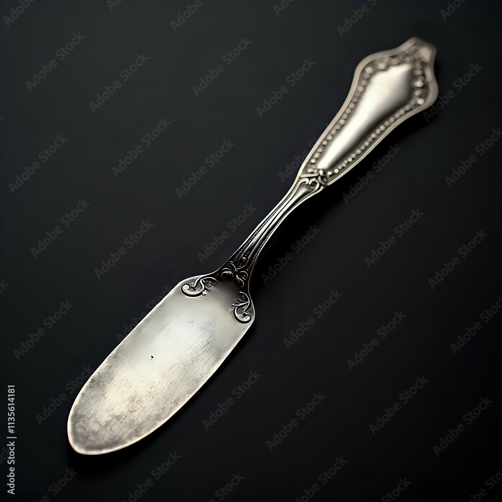 Ornate Antique Silver Butter Knife with Detailed Pattern on Dark Surface Ornate Antique Silver Butter Knife with Detailed Pattern on Dark Surface