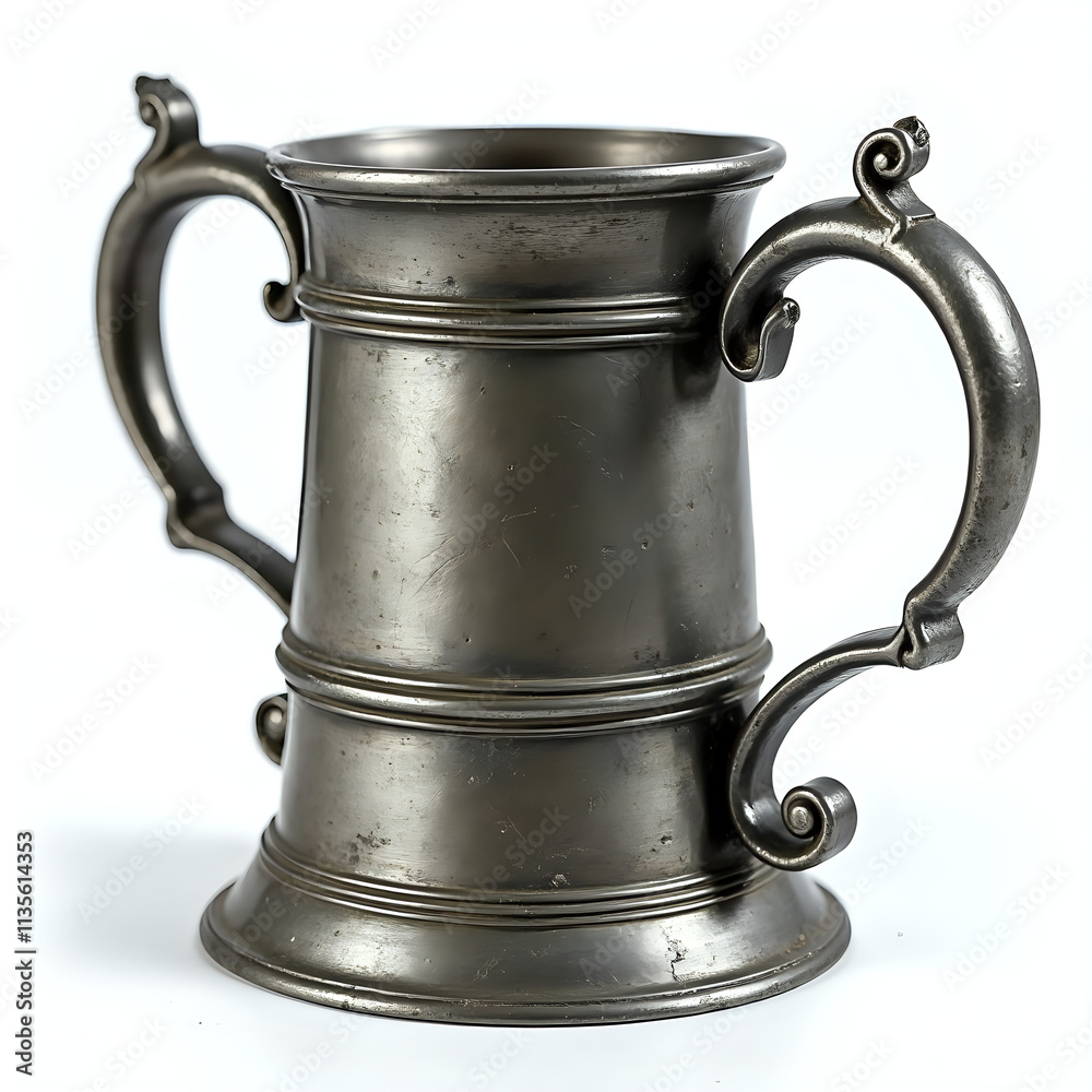 Antique Pewter Tankard with Dual Handles against White Background Antique Pewter Tankard with Dual Handles against White Background