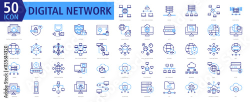 Digital Network Icon Set Outline Colour with Wide Area Networks,Local Area Networks,Server,Proxy,Network,Data Center