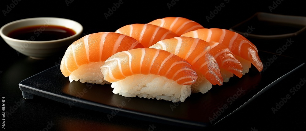 Sushi with salmon and shrimp, with a dish of soy sauce beside them Sushi with salmon and shrimp, with a dish of soy sauce beside them