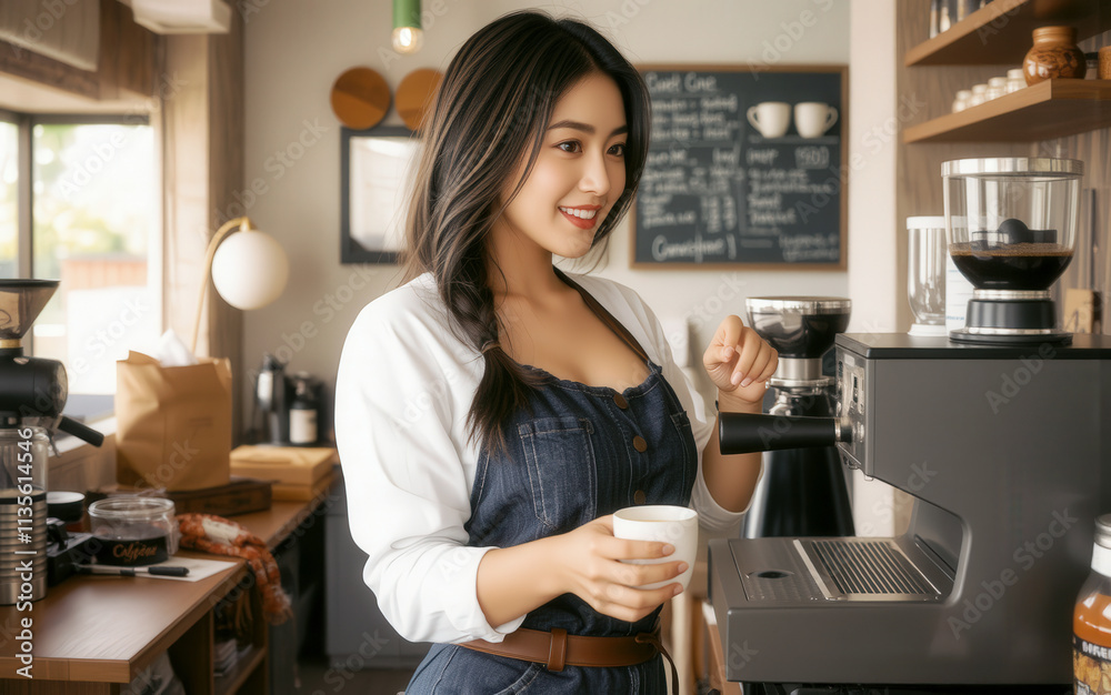 Barista preparing coffee in cozy cafe, smiling and engaging with customers. warm atmosphere and stylish decor create welcoming environment Barista preparing coffee in cozy cafe, smiling and engaging with customers. warm atmosphere and stylish decor create welcoming environment