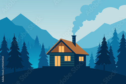 A flat design of a rustic cabin in the woods with smoke curling from the chimney