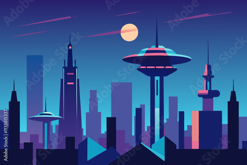 A flat illustration of a futuristic cityscape with hovering vehicles and neon lights