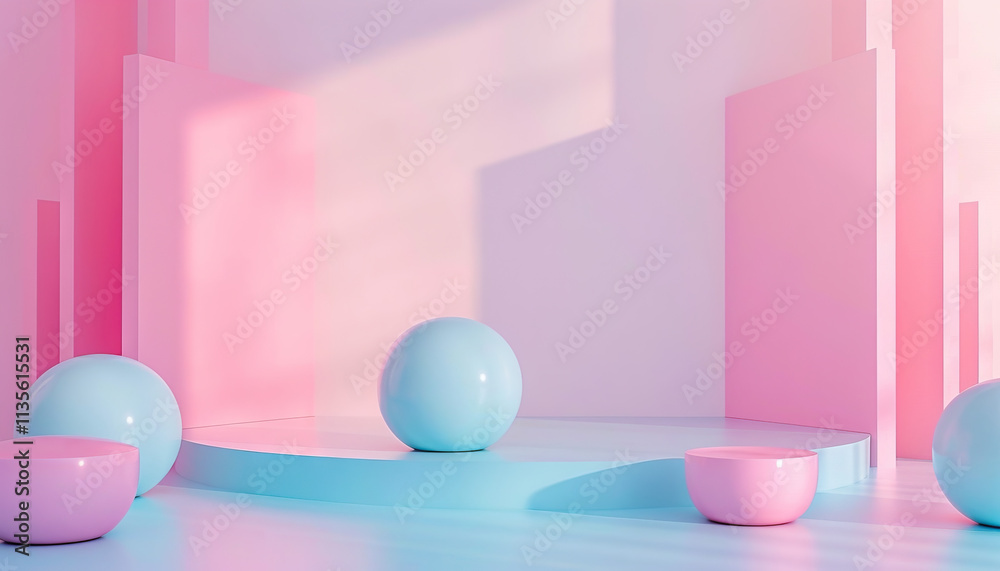 Pastel Geometric Forms and Spheres on Platform Pastel Geometric Forms and Spheres on Platform
